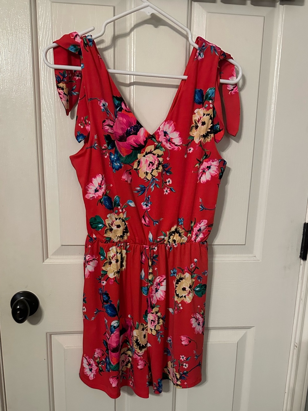 Express Red Floral V-Neck Tie-Strap Romper